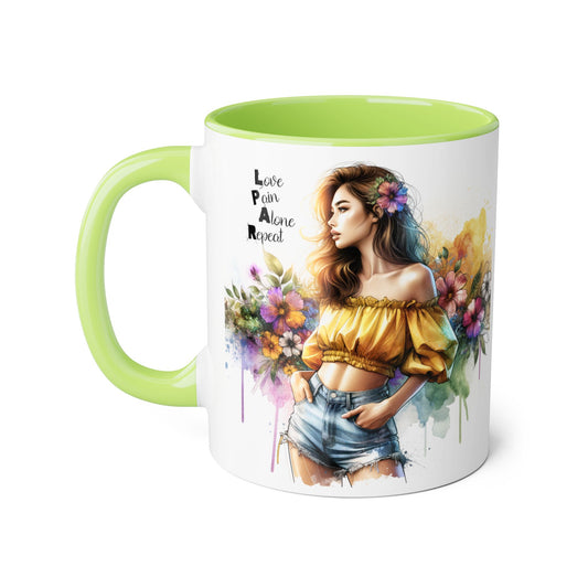 Colorful Floral Accent Mug - Love, Pain, Alone, Repeat Drinkware, Boho Coffee Cup, Gift for Her, Inspirational Mug