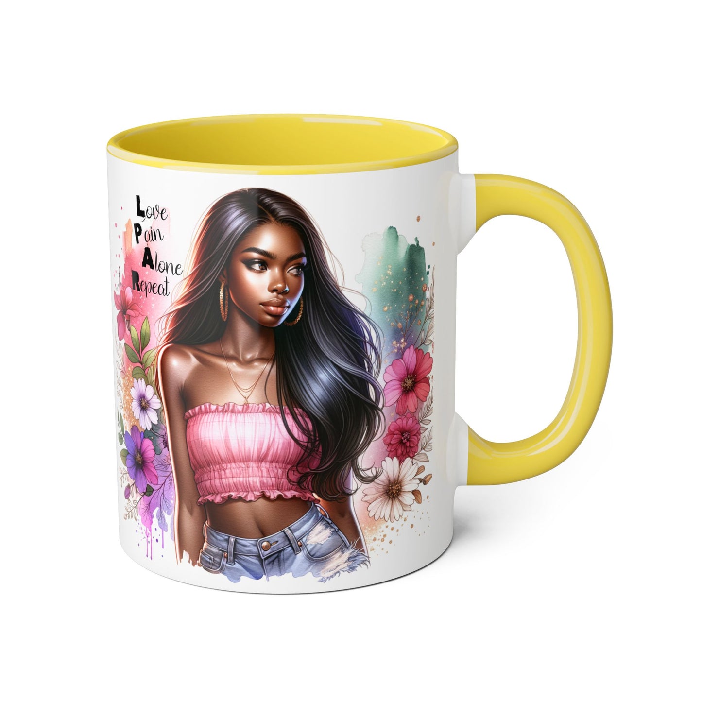 Vibrant Floral Accent Mug - Love, Pain, Alone, Repeat | Perfect Gift for Friends, Birthdays, Affirmation Mug, Coffee Lover