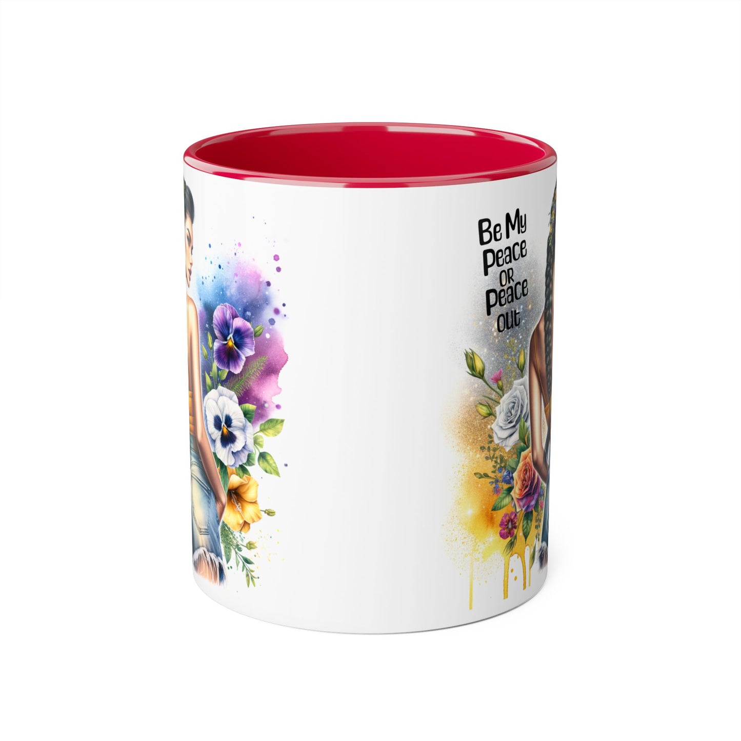 Artistic Black Handle Mug with Inspirational Message, Be My Peace or Peace Out, Unique Gift for Coffee Lovers, Colorful Floral Design, [...]
