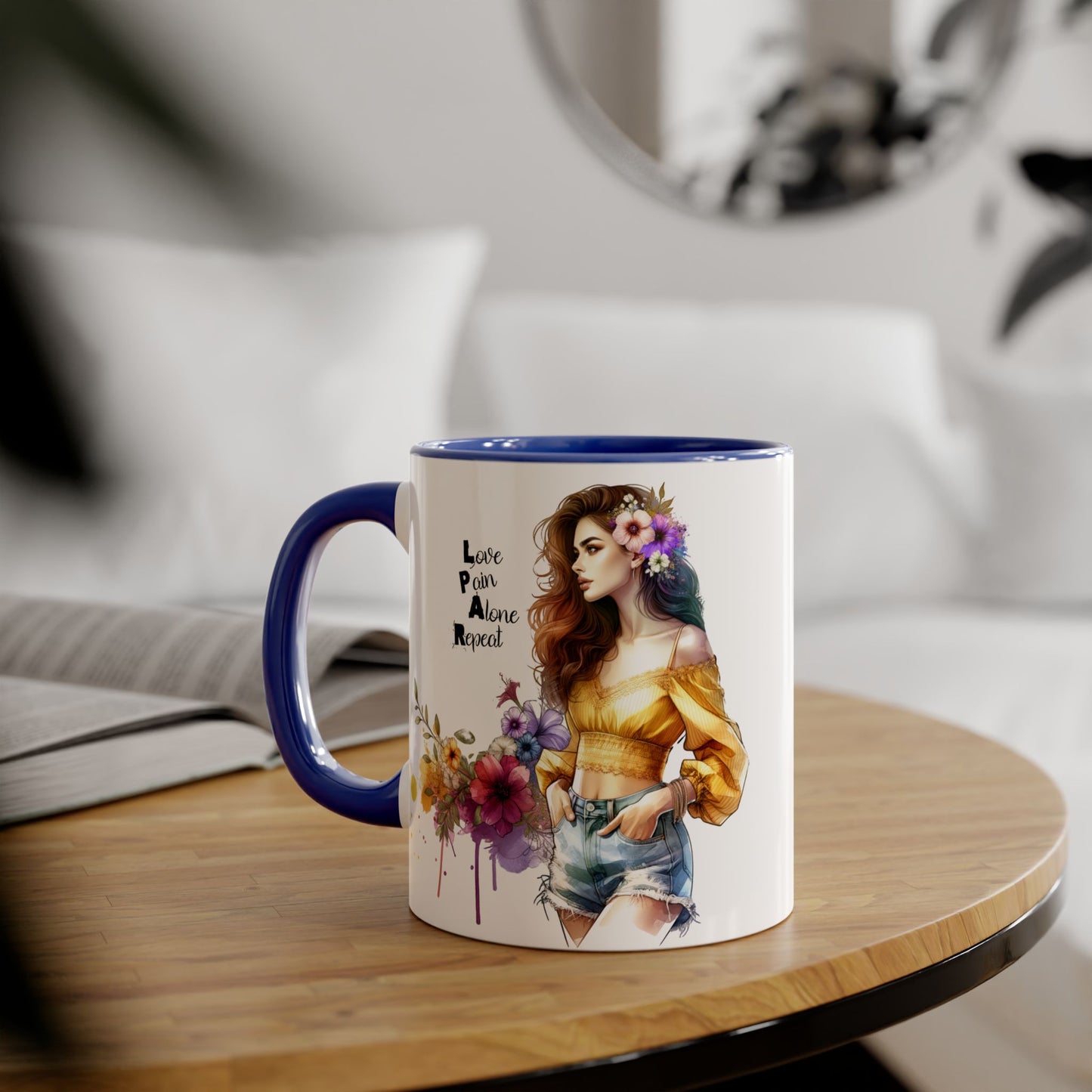 Colorful Floral Accent Mug, Love Pain Alone Repeat, Inspirational Coffee Cup, Gift for Friends, Art Lover Mug