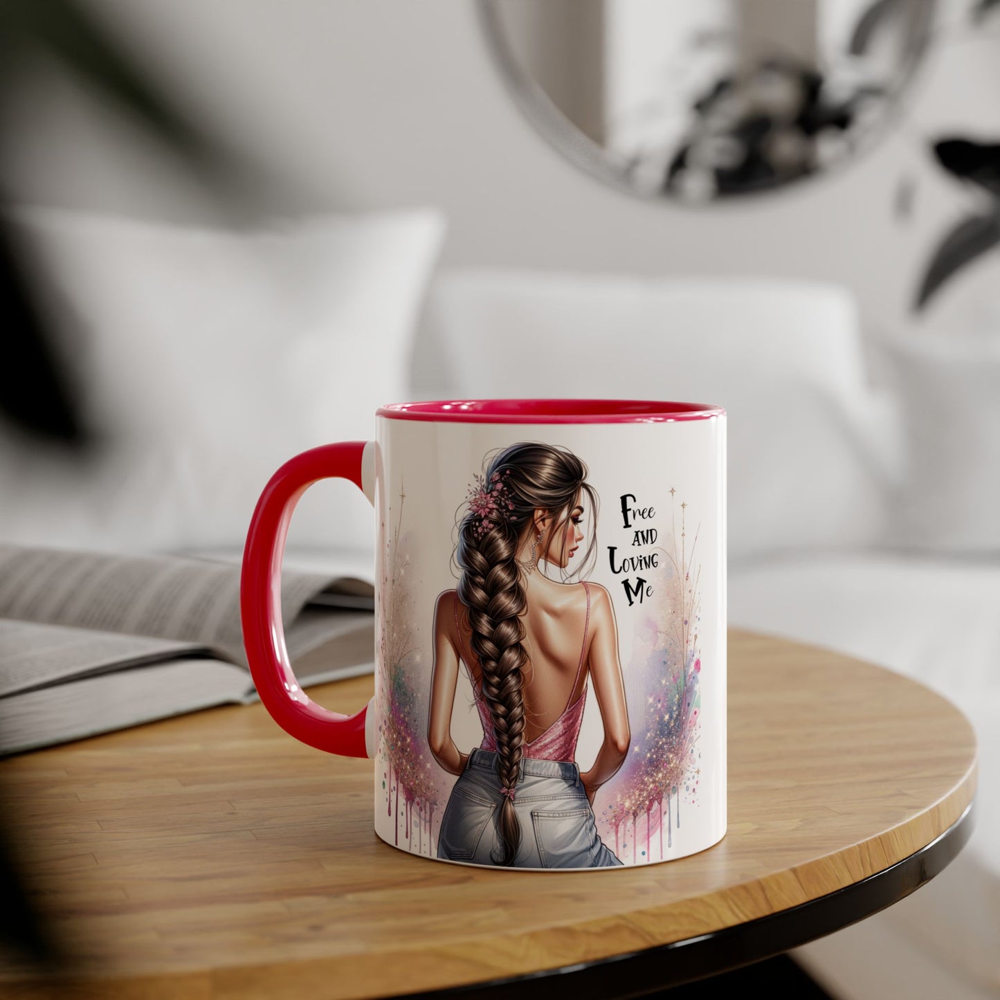 Empowerment Accent Mug, 11oz - Free And Loving Me Design, Inspirational Gift, Coffee Lovers, Self-Love, Artistic Home Decor, Feminine Vibe