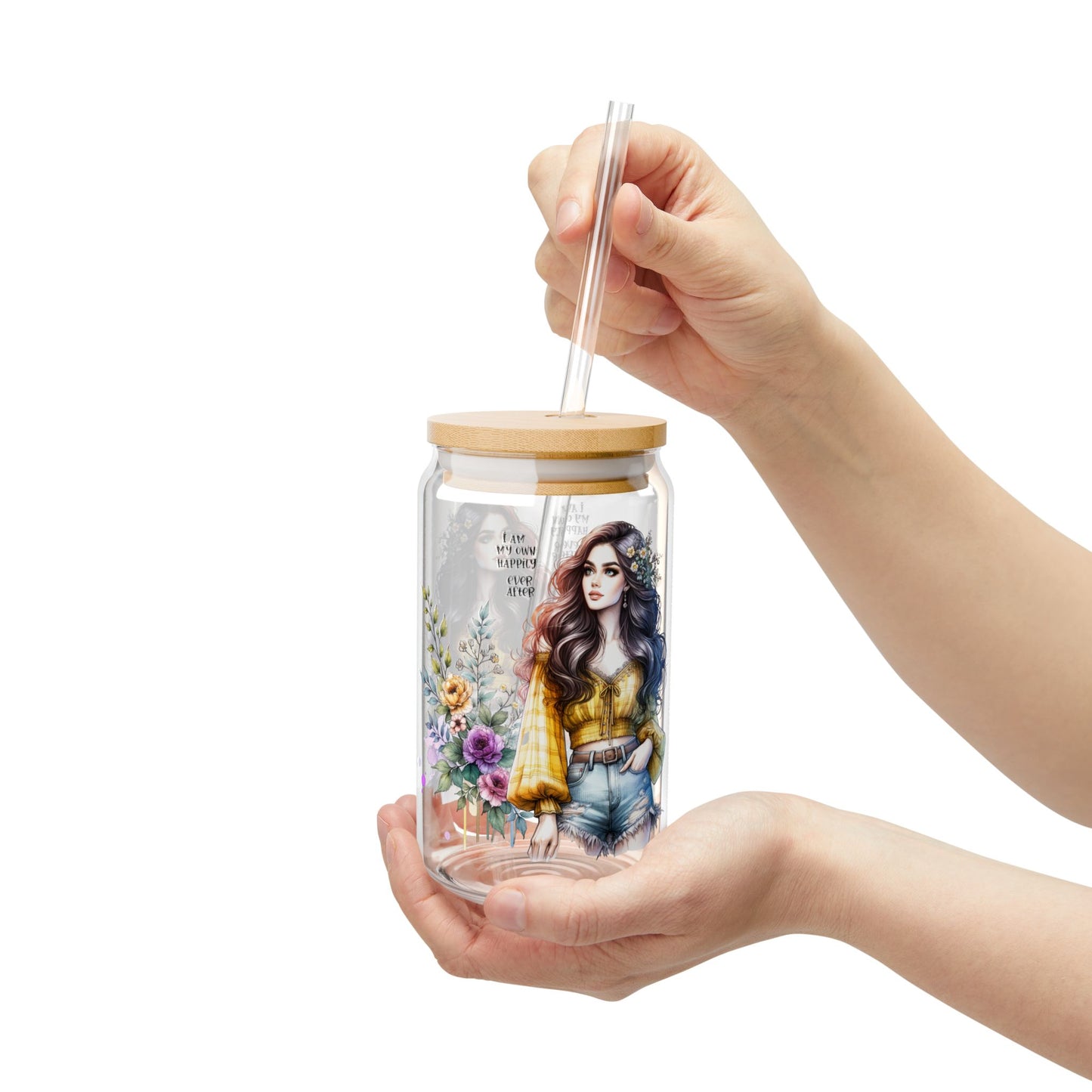 I Am My Own Happily Ever After Stylish Sipper Glass, 16oz - Floral Artwork, Summer Vibes, Eco-Friendly Drinkware, Gift for Her, Party Accessory