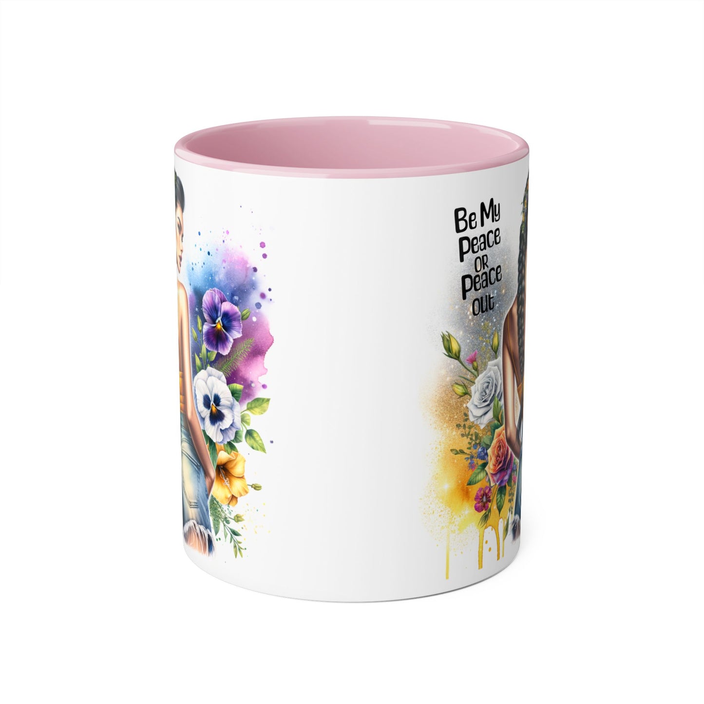 Artistic Black Handle Mug with Inspirational Message, Be My Peace or Peace Out, Unique Gift for Coffee Lovers, Colorful Floral Design, [...]
