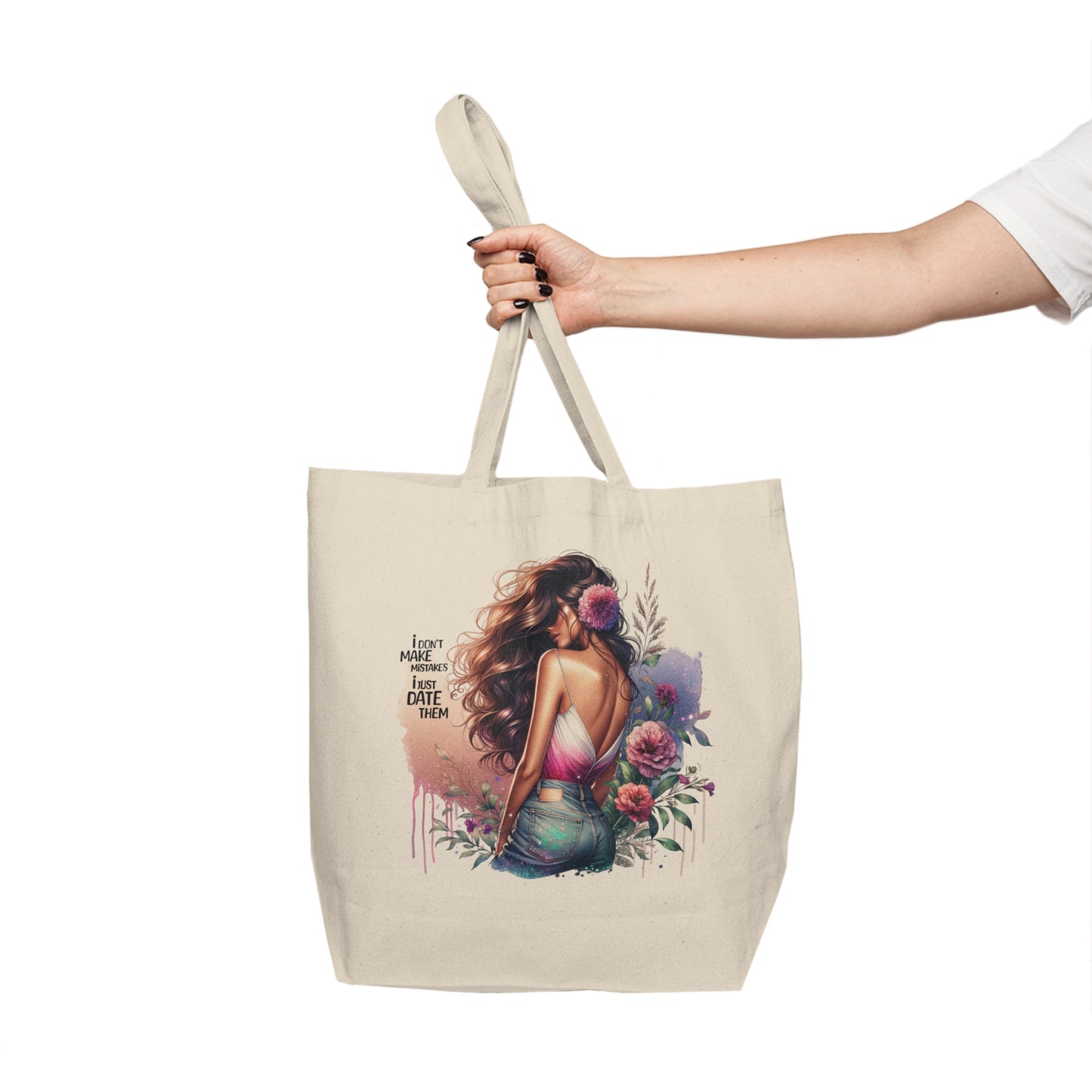 I Don`t Make Mistakes, I Just Date Them Floral Canvas Tote Bag, Inspirational Shopping Bag for Her, Boho Chic Market Tote, Gift for Friends, Eco-Friendly Carry-All
