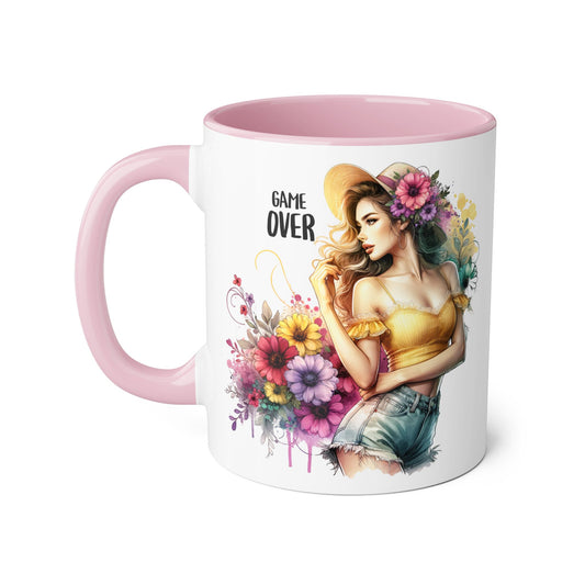 Game Over Floral Accent Mug, Gift for Gamers, Coffee Tea Cup, Home Decor, Birthday, Celebration, Unique Mug