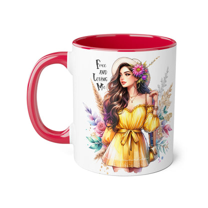Free and Loving Me Bold Boho Accent Mug, Artistic Coffee Cup, Unique Gift for Women, Inspirational Kitchenware, Floral Design, Birthday Mug