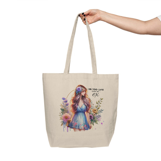 I'm Too Cute For My Ex  Floral Canvas Tote Bag, Reusable Grocery Bag, Eco-Friendly Shopping Tote, Gift for Her, Funny Ex Quotes