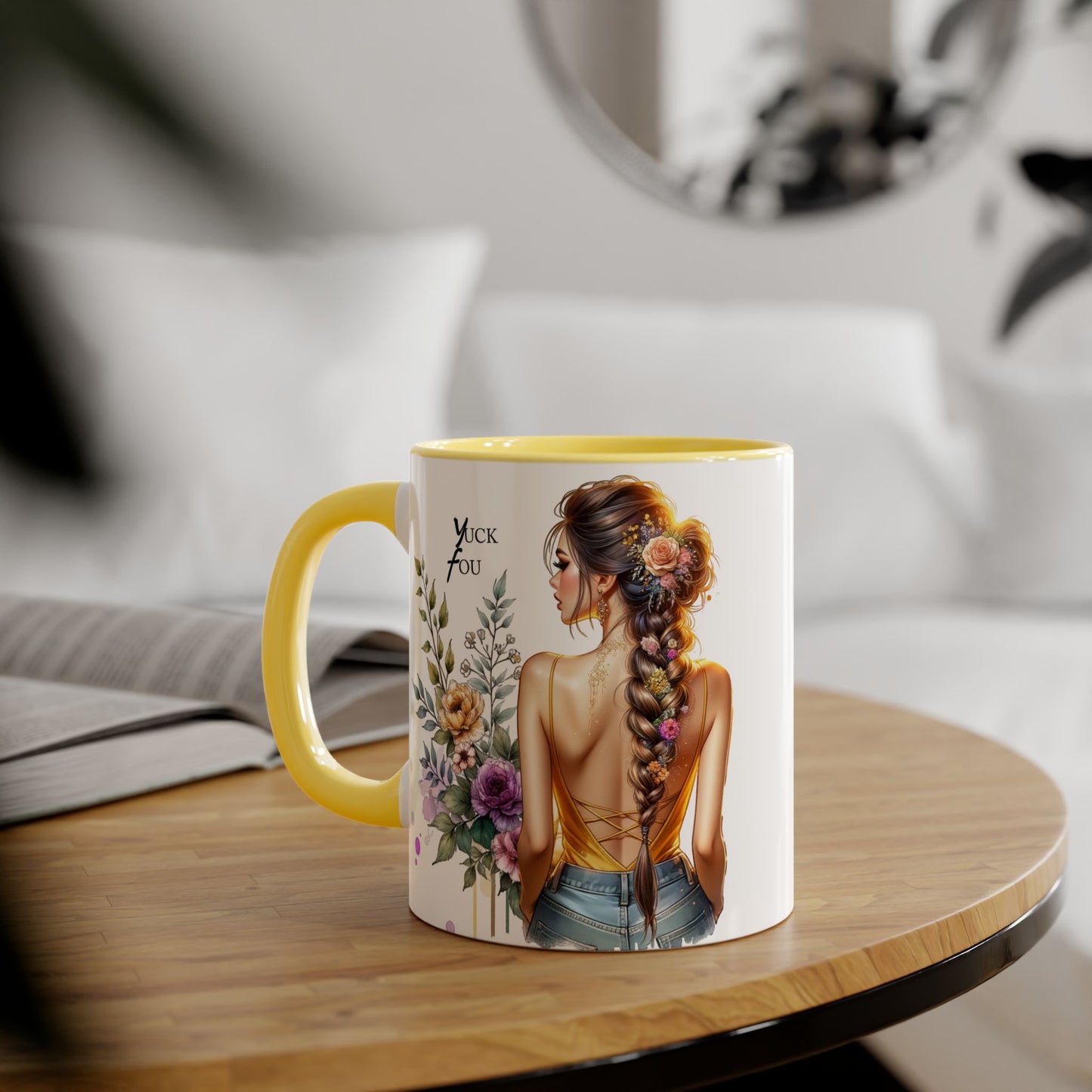Yuck Fou Stylish Flower Girl Accent Mug, 11oz Coffee Cup, Unique Gift, Home Decor, Floral Mug for Friends, Mothers Day, Inspirational Quotes