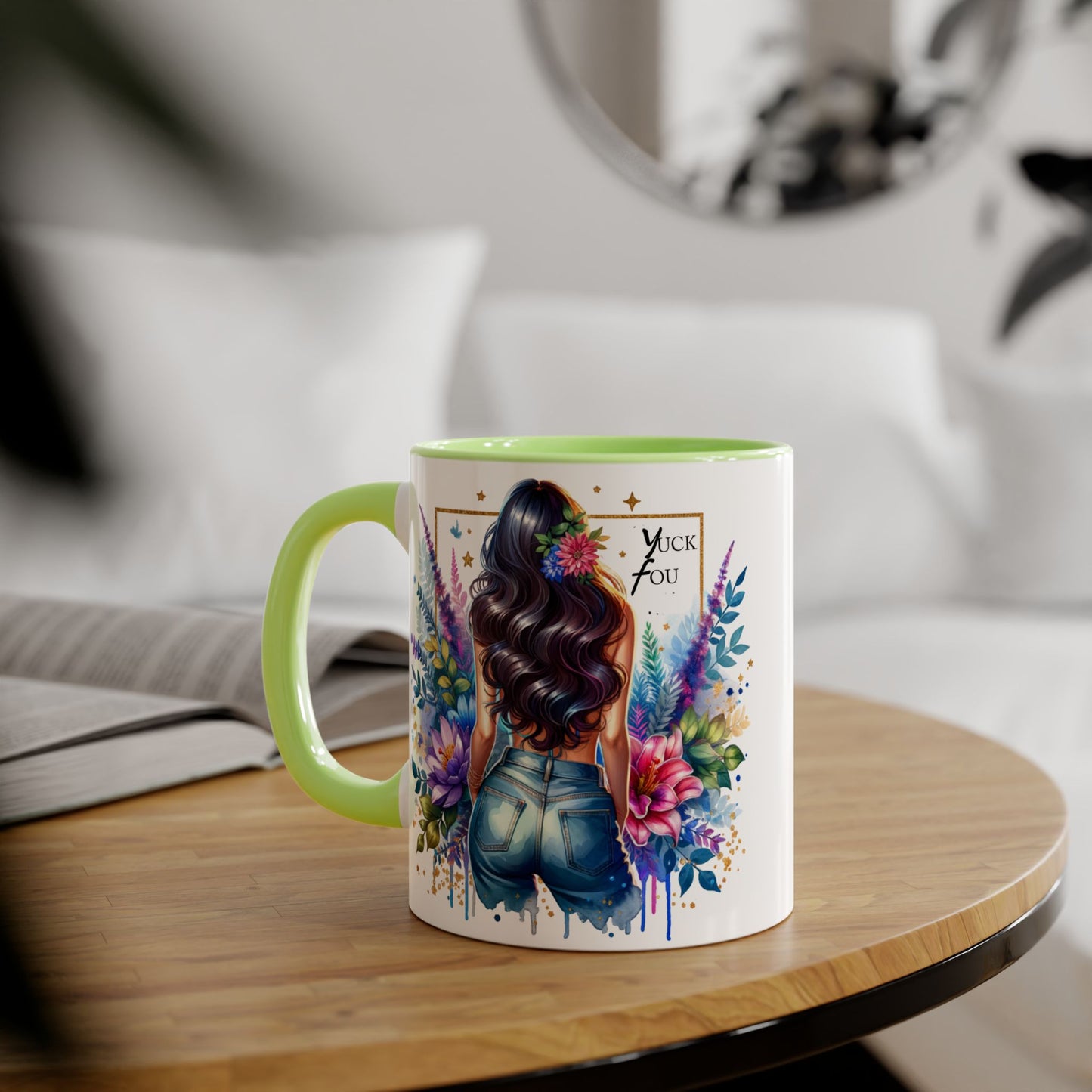 Yuck Fou Bohemian Floral Accent Mug, 11oz, Artistic Coffee Cup, Gift for Her, Stylish Drinkware, Home Decor, Unique Kitchen Accessories