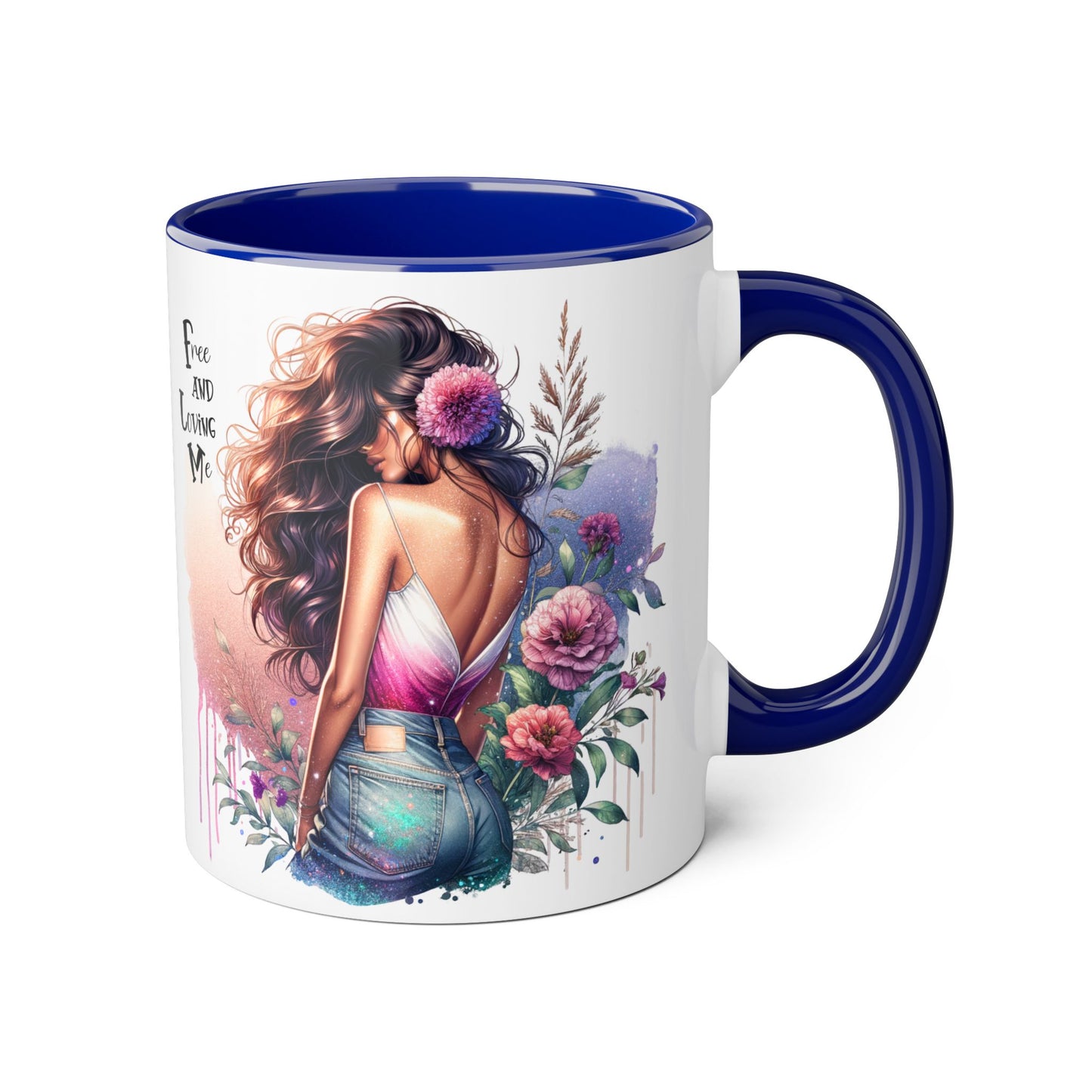 Free and Loving Me Boho Floral Accent Mug, 11oz Coffee Cup, Inspirational Mug for Women, Gift for Friends, Cozy Home Decor, Self-Love Reminder