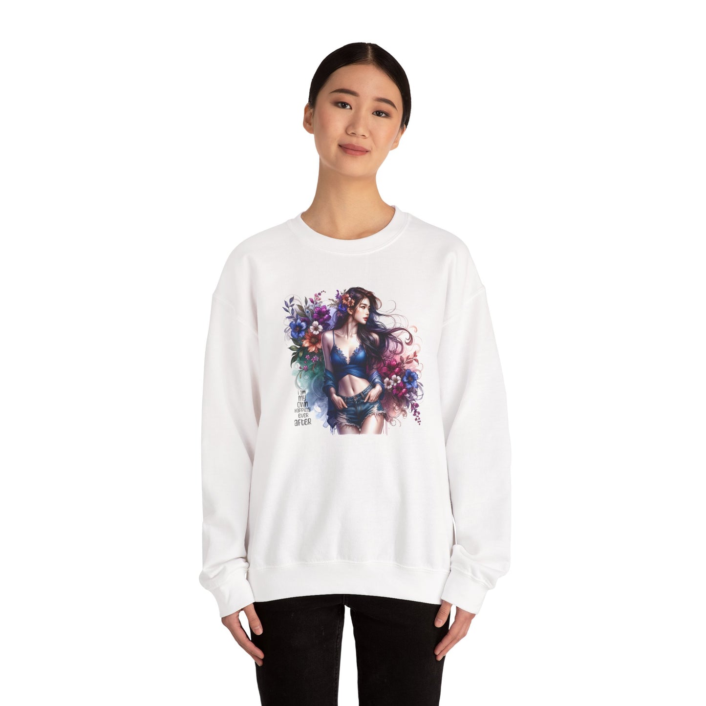 I Am My Own Happily Ever After  Floral Goddess Sweatshirt | Cozy Unisex Crewneck | Perfect Gift for Fall/Winter, Artistic Apparel, Wall Art Sweatshirt, Everyday Wear