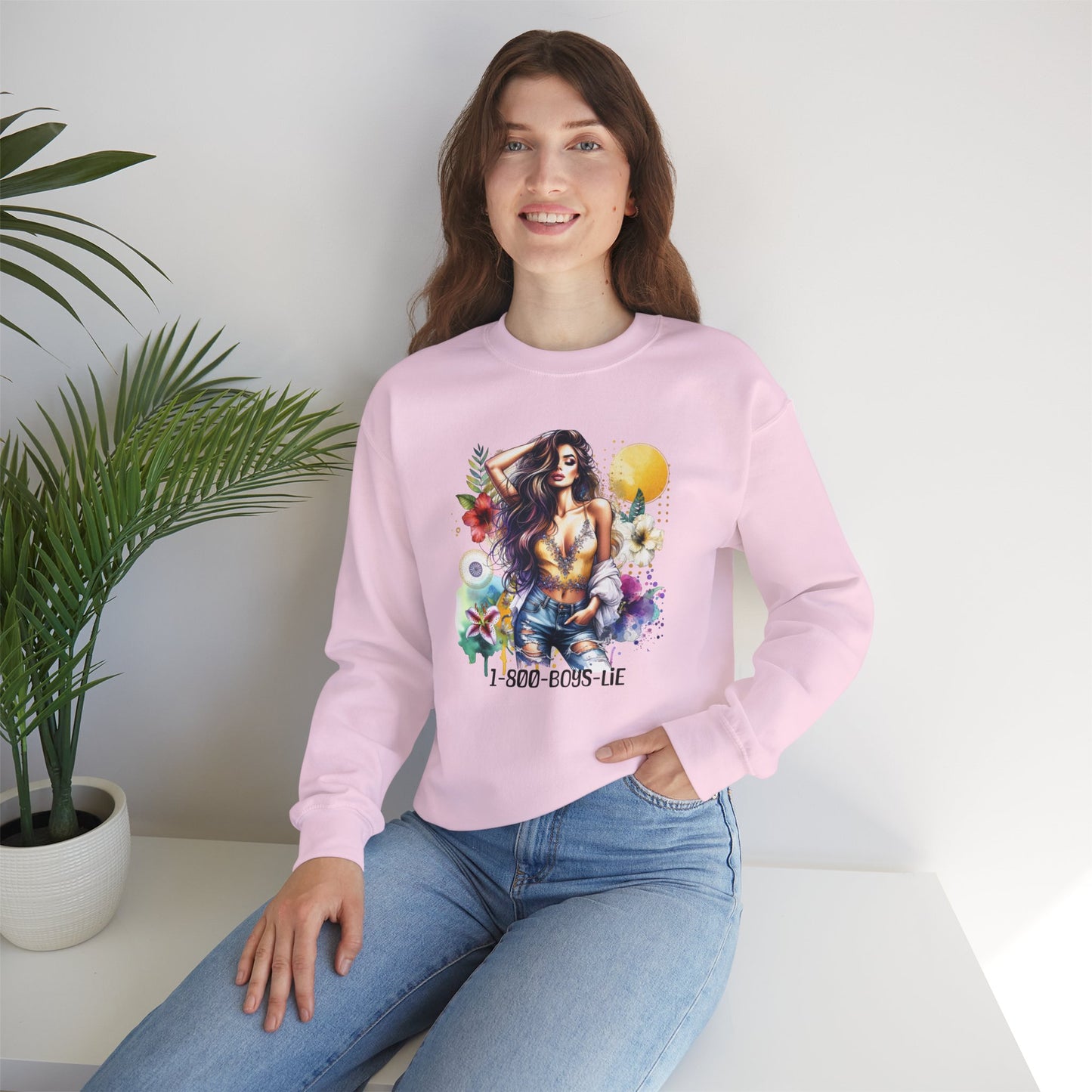 1-800-Boys-Lie Boho Chic Crewneck Sweatshirt with Floral Design, Unisex Gift, Self-Love Apparel, Cozy Casual Wear, Perfect for Relaxation
