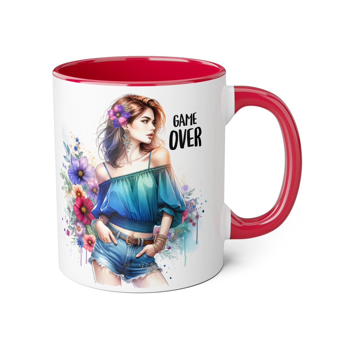 Vibrant Game Over Accent Mug - Floral Design, 11oz Coffee Cup, Unique Gift, for Gamers, Birthday or Everyday Use