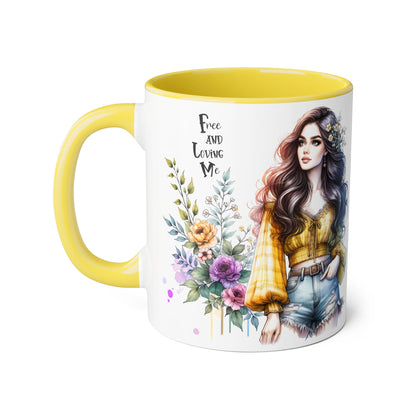 Bohemian Floral Accent Mug, Free and Loving Me Coffee Cup, Gift for Her, Unique Art Mug, Morning Beverage Lover's Gift
