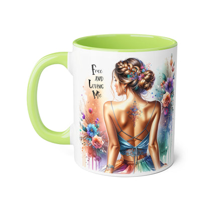 Artistic Floral Accent Mug, Free and Loving Me Ceramic Coffee Cup, Inspirational Gift, Unique Drinkware, Bohemian Style Mug