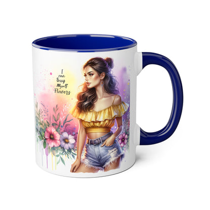I Can Buy Myself Flowers Colorful Floral Accent Mug, 11oz Coffee Cup, Bohemian Style Drinkware, Perfect Gift for Garden Lovers, Ideal for Birthdays, Mother's Day