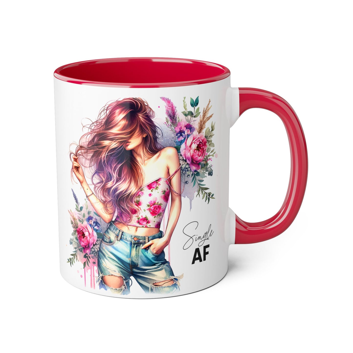 Single AF Floral Accent Mug, 11oz Coffee Cup, Gift for Singles, Cute Tea Mug, Kitchen Decor, Self-Love