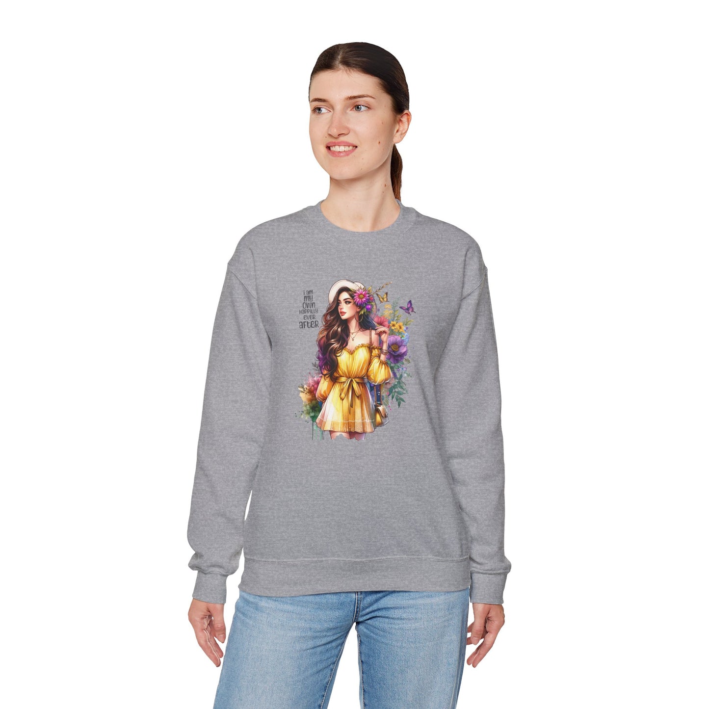 I Am My Own Happily Ever After  Floral Goddess Crewneck Sweatshirt - Boho Chic, Cozy Style, Perfect for Spring, Gift for Her, Casual Wear, Everyday Comfort
