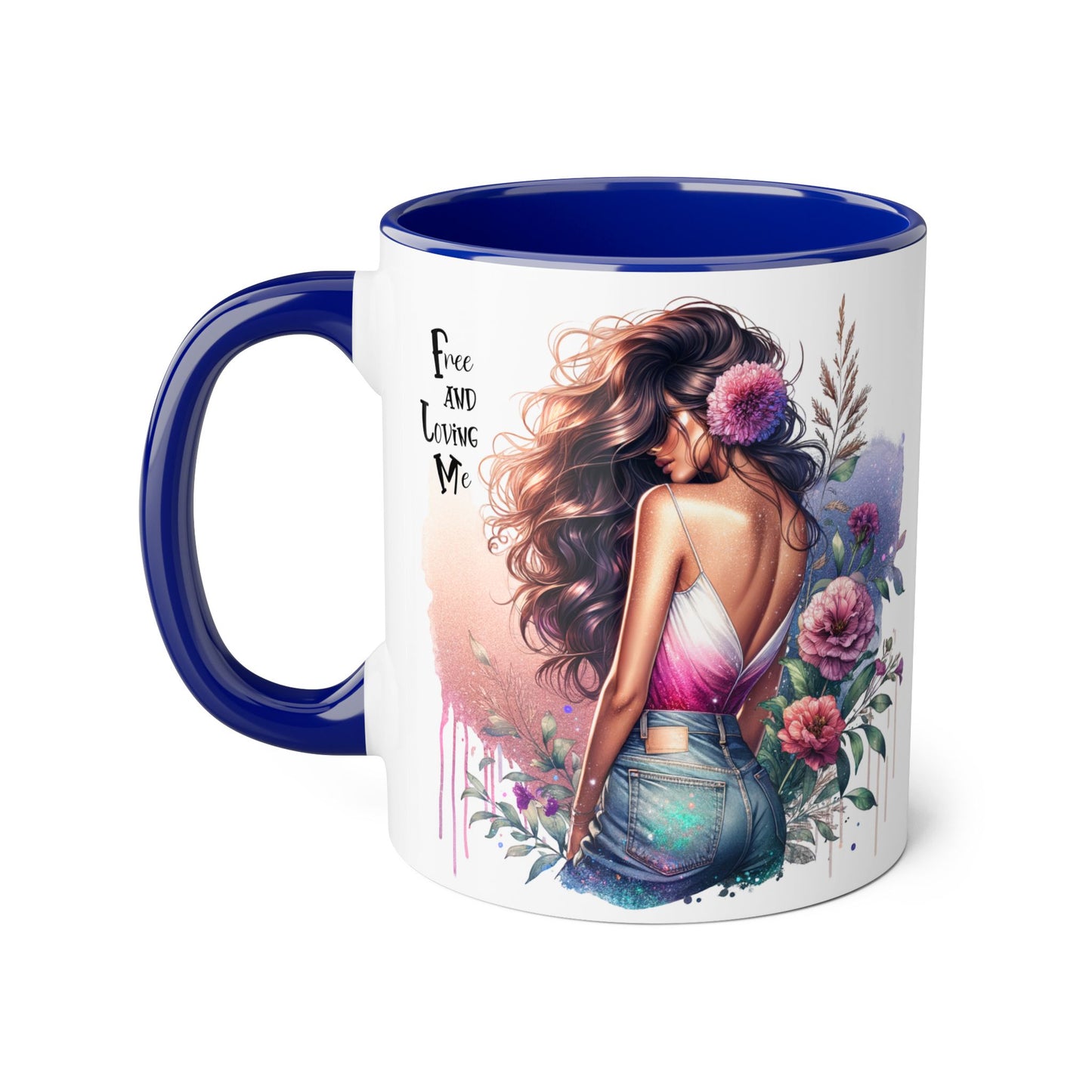 Free and Loving Me Boho Floral Accent Mug, 11oz Coffee Cup, Inspirational Mug for Women, Gift for Friends, Cozy Home Decor, Self-Love Reminder