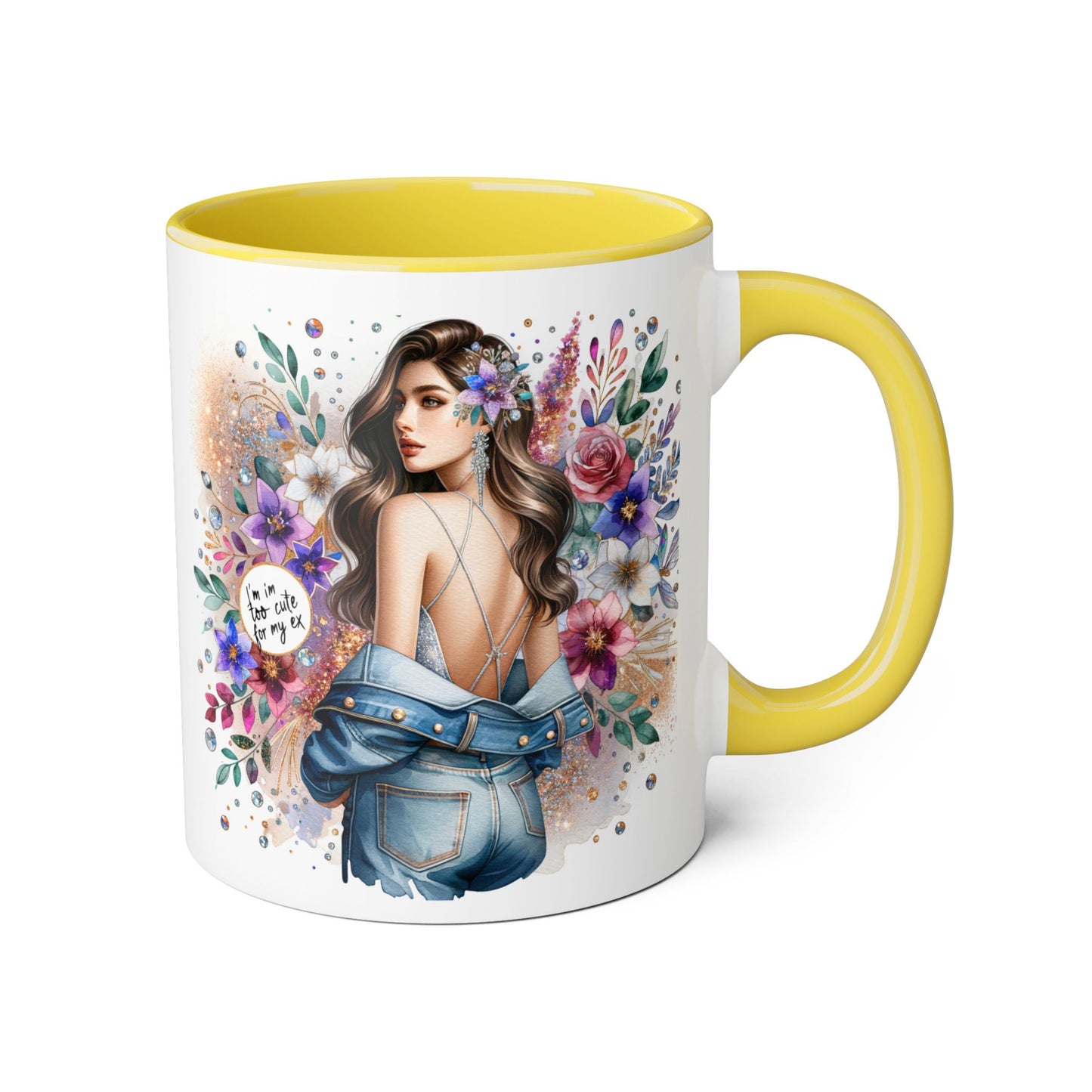 I'm Too Cute For My Ex Floral Accent Mug with Boho Design, Coffee Lover Gift, Tea Cup, Artful Beverage Holder, Personalized Drinkware