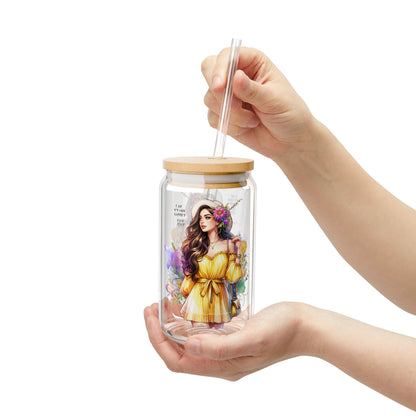 I Am My Own Happily Ever After Floral Art Sipper Glass - 16oz with Straw - Vibrant & Eco-Friendly Drinkware