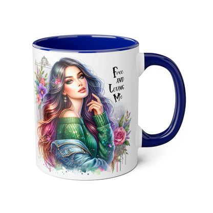 Bohemian Chic Accent Mug, Free and Loving Me 11oz Coffee Cup, Gifts for Her, Artistic Drinkware, Unique Home Decor, Floral Coffee Mug