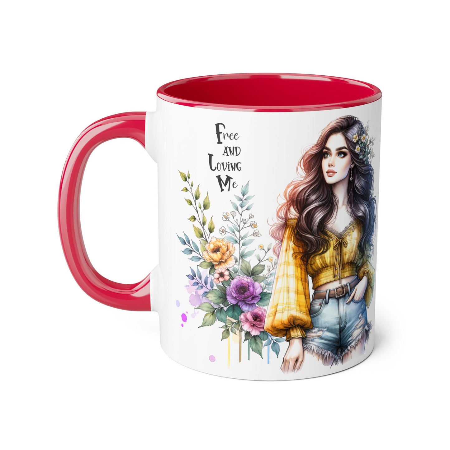 Bohemian Floral Accent Mug, Free and Loving Me Coffee Cup, Gift for Her, Unique Art Mug, Morning Beverage Lover's Gift