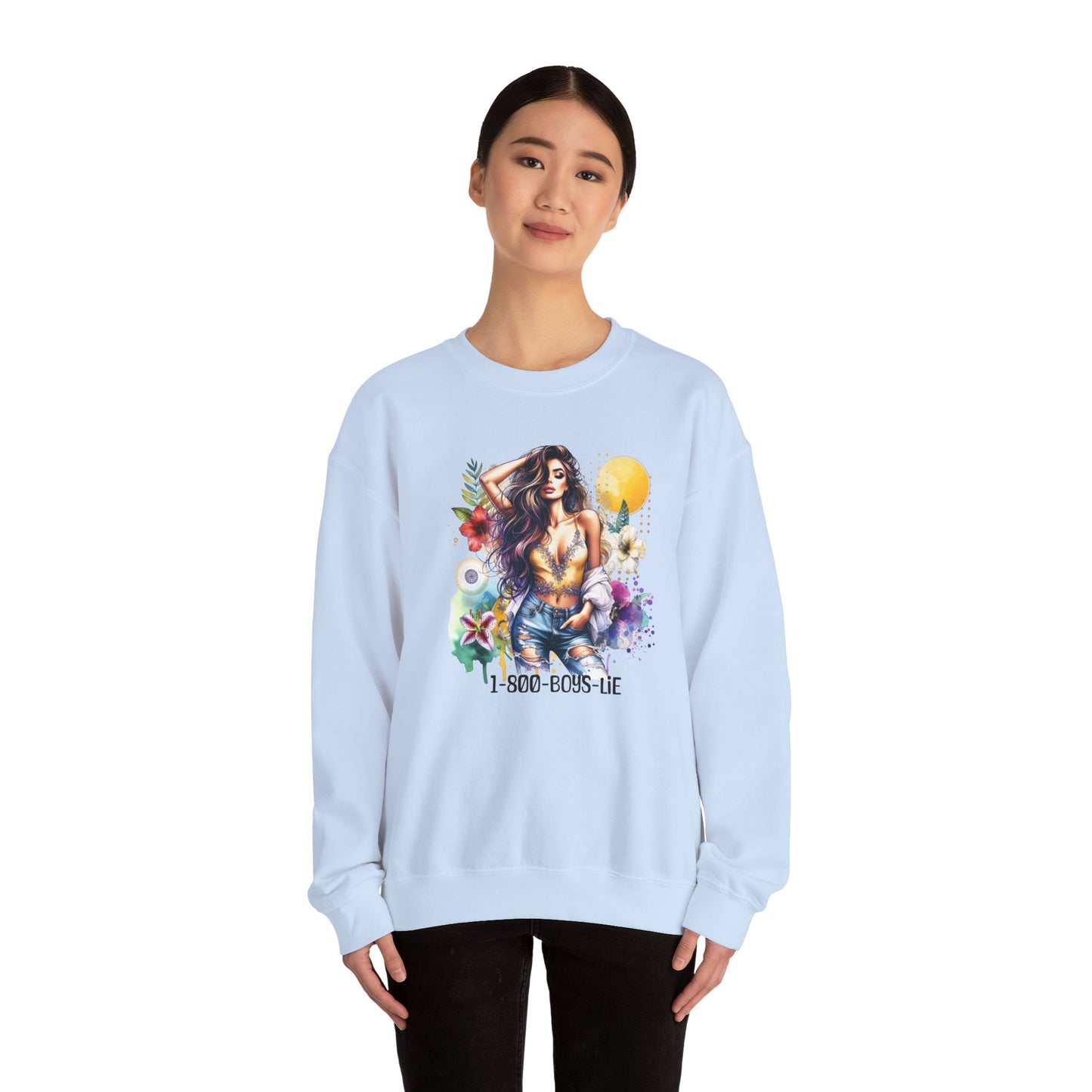 1-800-Boys-Lie Boho Chic Crewneck Sweatshirt with Floral Design, Unisex Gift, Self-Love Apparel, Cozy Casual Wear, Perfect for Relaxation