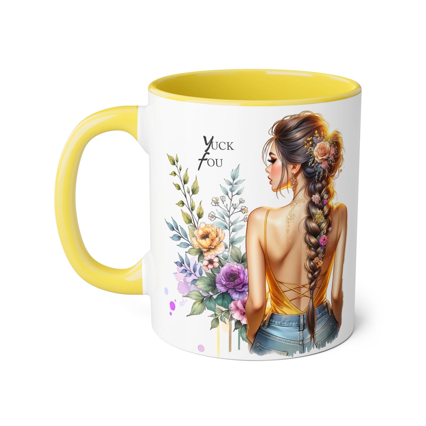 Yuck Fou Stylish Flower Girl Accent Mug, 11oz Coffee Cup, Unique Gift, Home Decor, Floral Mug for Friends, Mothers Day, Inspirational Quotes
