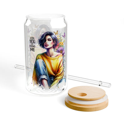 Lost You and Found Me Artistic Sipper Glass, 16oz - Floral Design Drinkware, Unique Gift for Her, Eco-Friendly Cup, Summer Beverage Glass