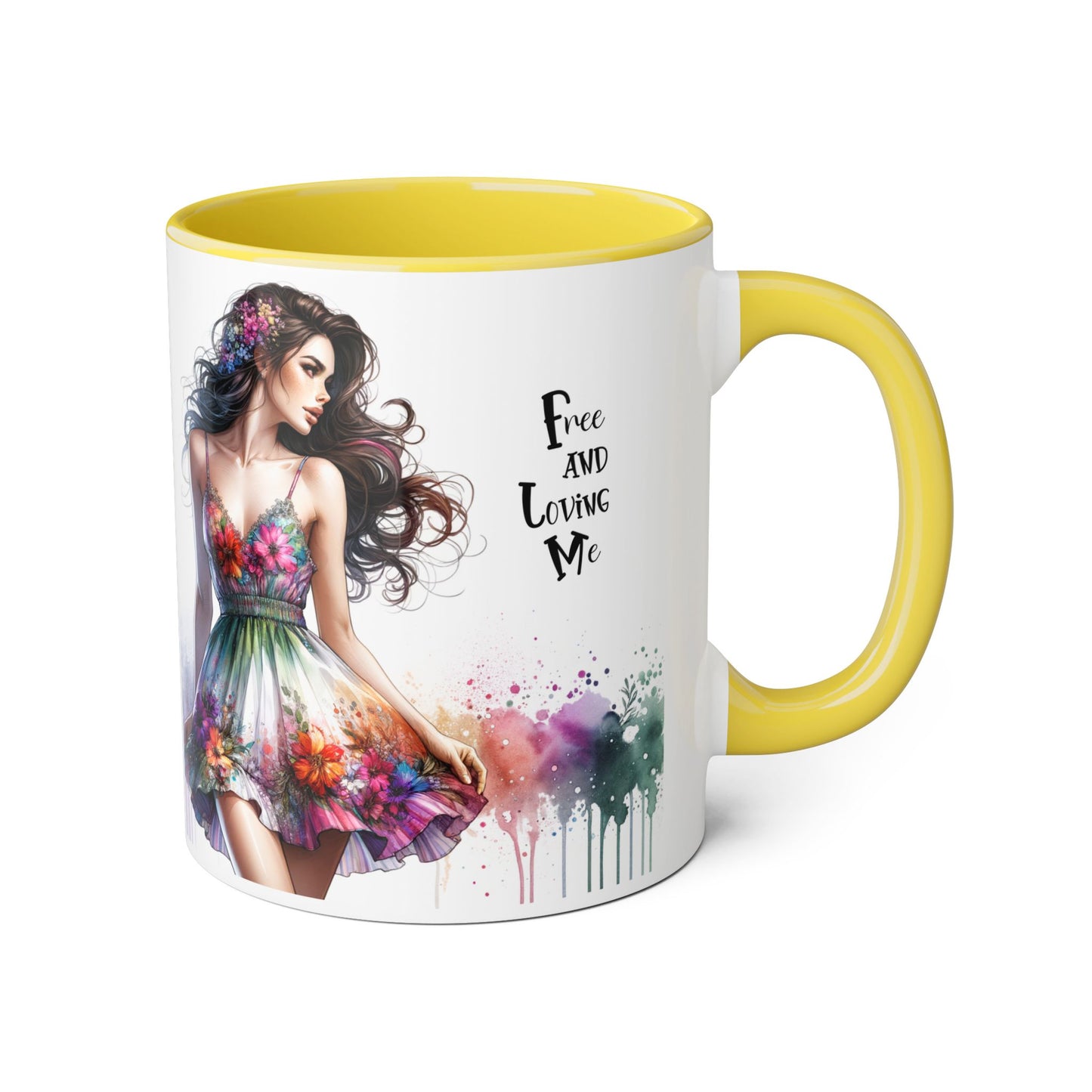 Floral Art Inspirational Coffee Mug, Free and Loving Me, Gift for Her, Colorful Drinkware, Boho Mug, Artistic Tea Cup