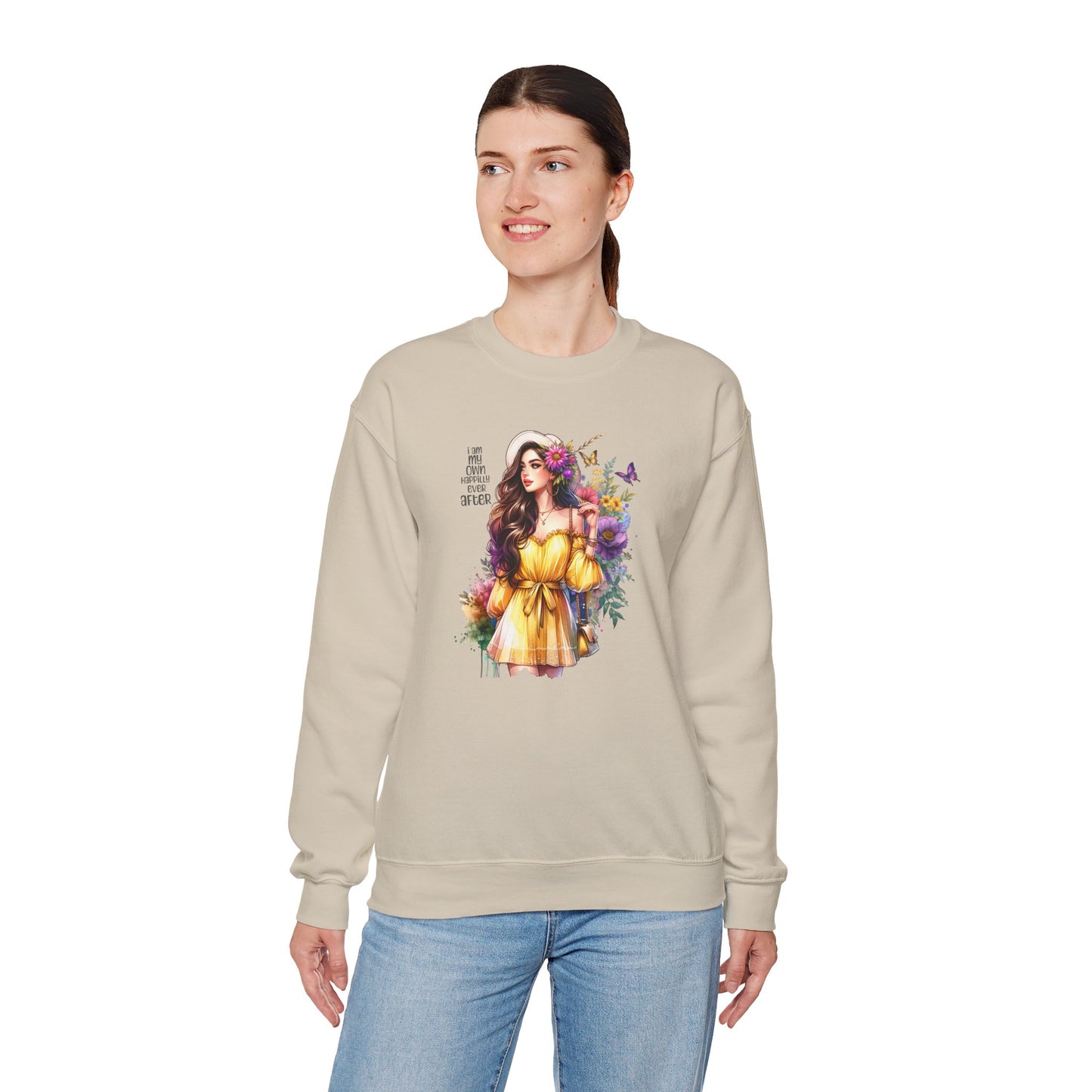 I Am My Own Happily Ever After  Floral Goddess Crewneck Sweatshirt - Boho Chic, Cozy Style, Perfect for Spring, Gift for Her, Casual Wear, Everyday Comfort