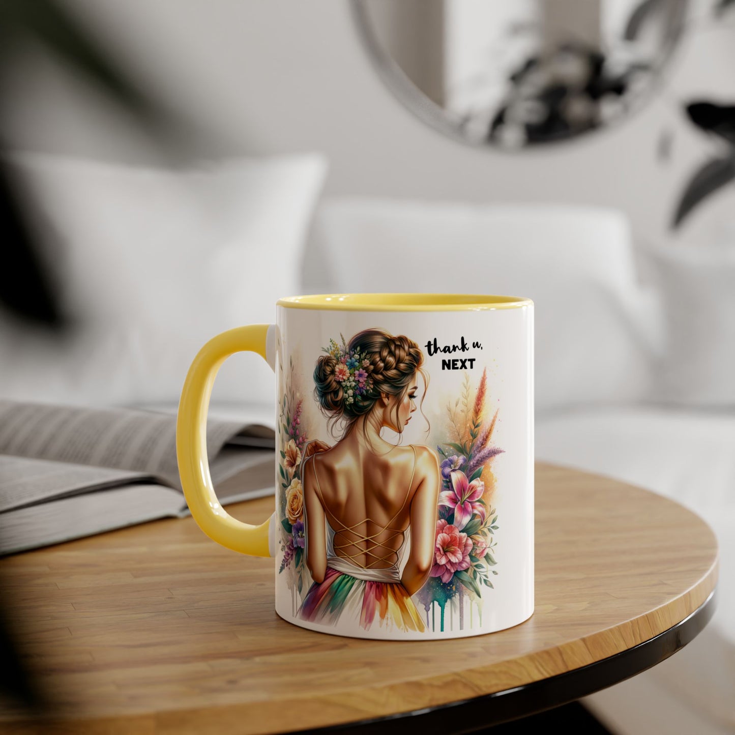 Thank U, Next Floral Artwork Accent Mug, Thank U Next Coffee Mug, Gift for Her, Floral Style Drinkware, Unique Home Decor