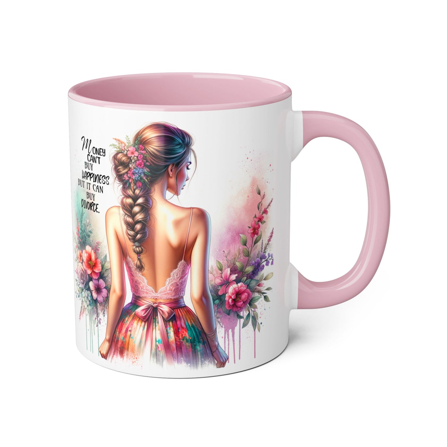 Money Can't Buy Happiness But It Can Buy Divorce Humoristic Colorful Women Empowerment Accent Mug - Inspirational Gift, Motivational Coffee Cup, Floral Design, Art Lover, Birthday Present