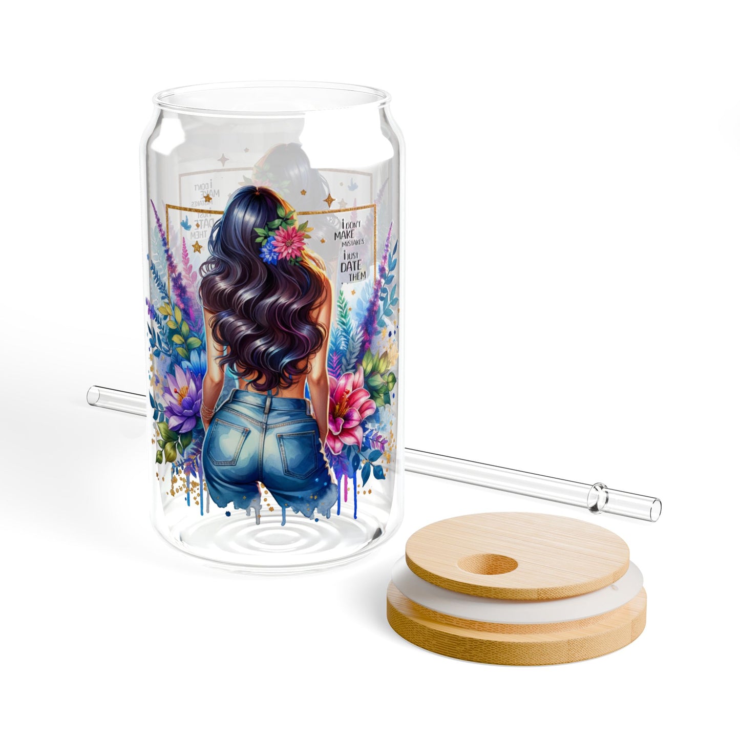 I Don't Make Mistakes, I Date Them Floral Sipper Glass, Stylish Drinkware, Summer Party Accessory, Eco-Friendly Beverage Container, Unique Gift Idea, Colorful Jar with Straw