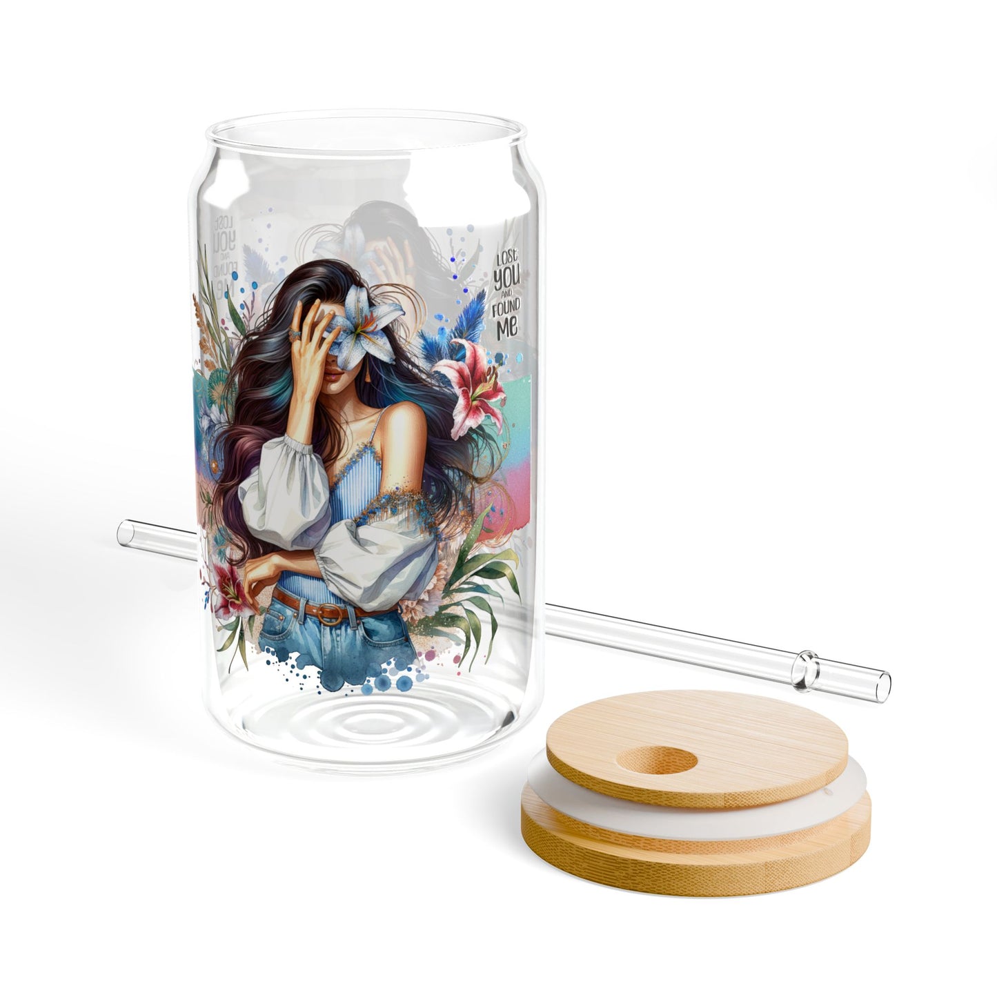 Lost You and Found Me Artistic Sipper Glass, 16oz, Personalized Drinkware, Eco-Friendly Beverage Jar, Unique Gifts, Home Decor, Chic Party Accessory