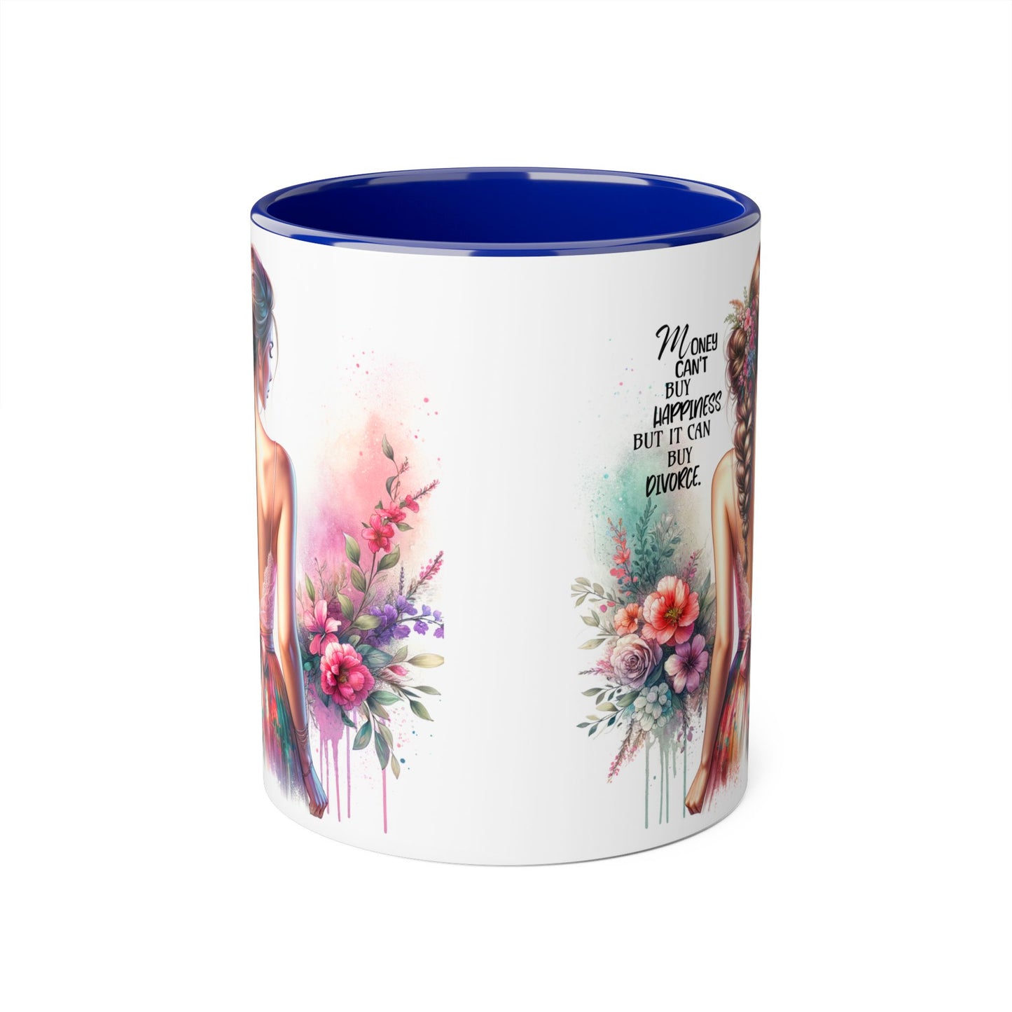 Money Can't Buy Happiness But It Can Buy Divorce Humoristic Colorful Women Empowerment Accent Mug - Inspirational Gift, Motivational Coffee Cup, Floral Design, Art Lover, Birthday Present