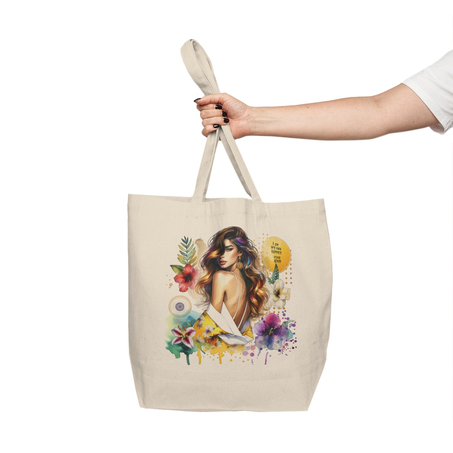 I Am My Own Happily Ever  After Beautiful Floral Canvas Shopping Tote Bag, Eco-Friendly, Reusable Grocery Bag, Perfect for Gifts, Beach or Everyday Use