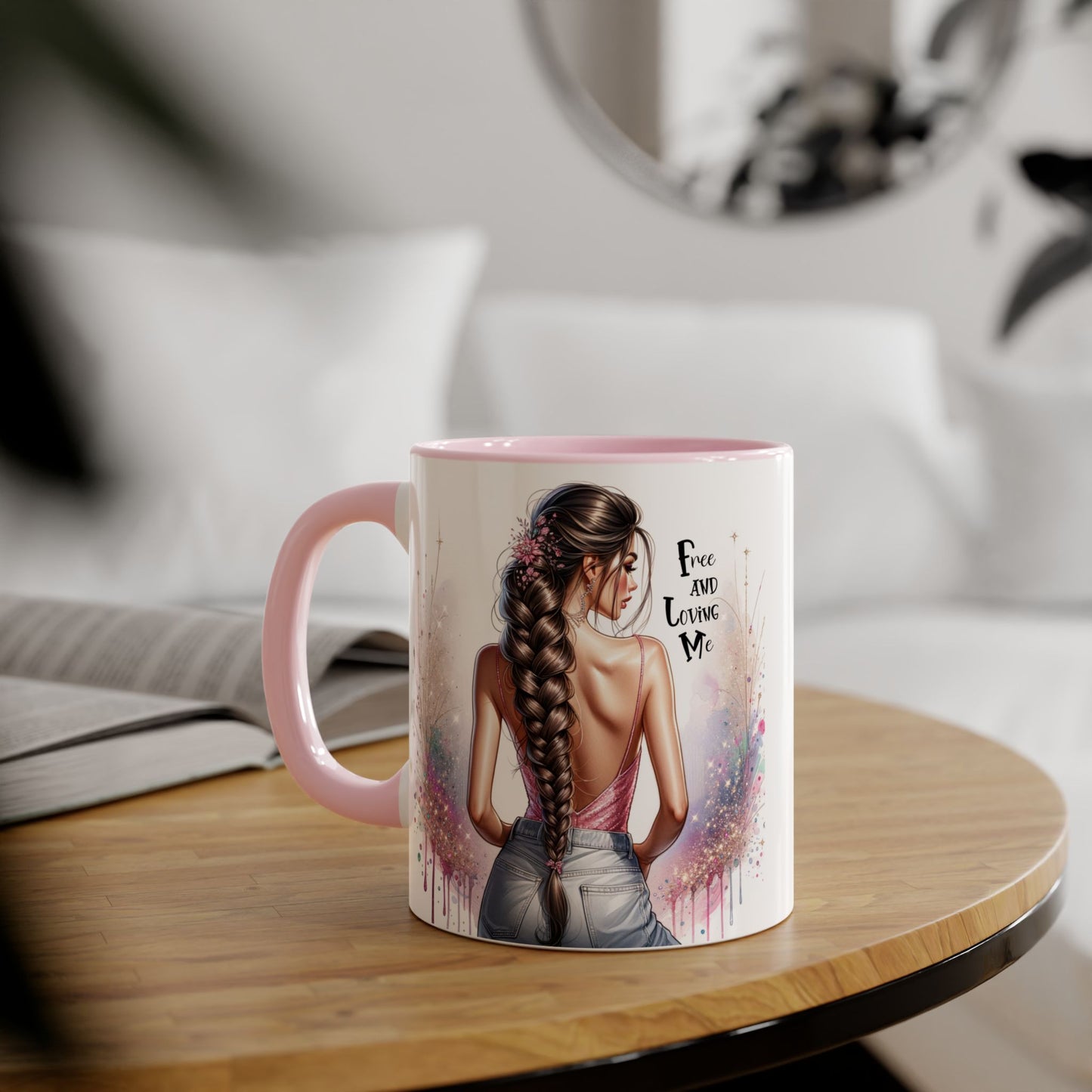 Empowerment Accent Mug, 11oz - Free And Loving Me Design, Inspirational Gift, Coffee Lovers, Self-Love, Artistic Home Decor, Feminine Vibe