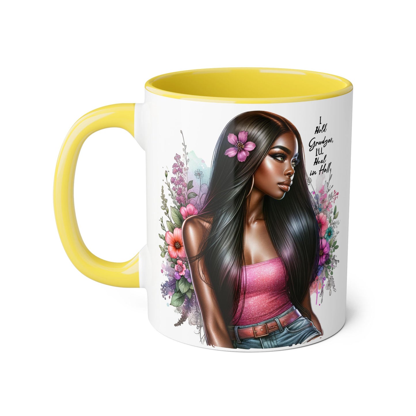 I Hold Grudges, I'll Heal in Hell  Humoristic Floral Portrait Accent Mug, 11oz - Empowering Gift for Her, Cozy Coffee Cup, Beautiful Art for Home, Unique Present for Birthdays, [...]