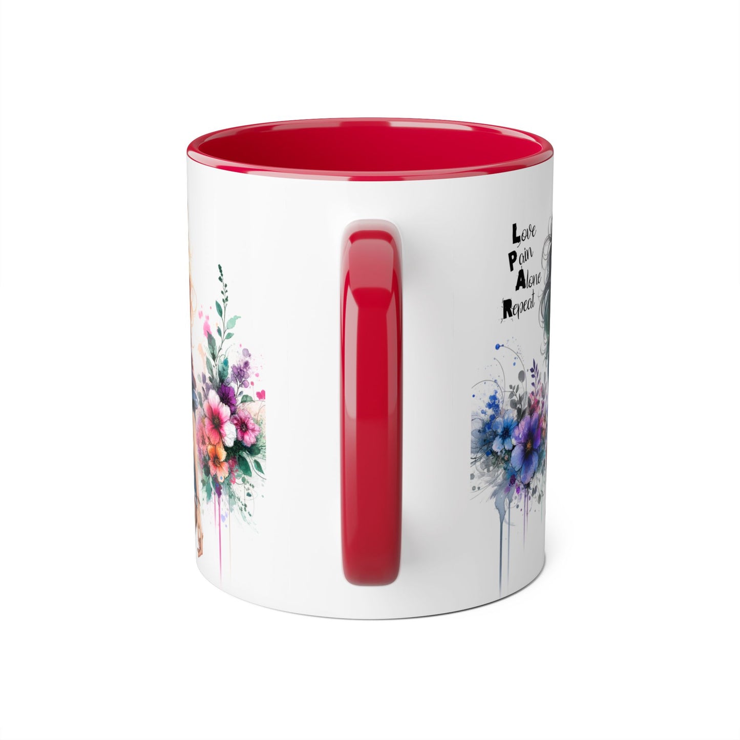 Stylish Accent Mug, Love Pain Alone Repeat Mug, Floral Design Coffee Cup, Gift for Her, Motivational Drinkware