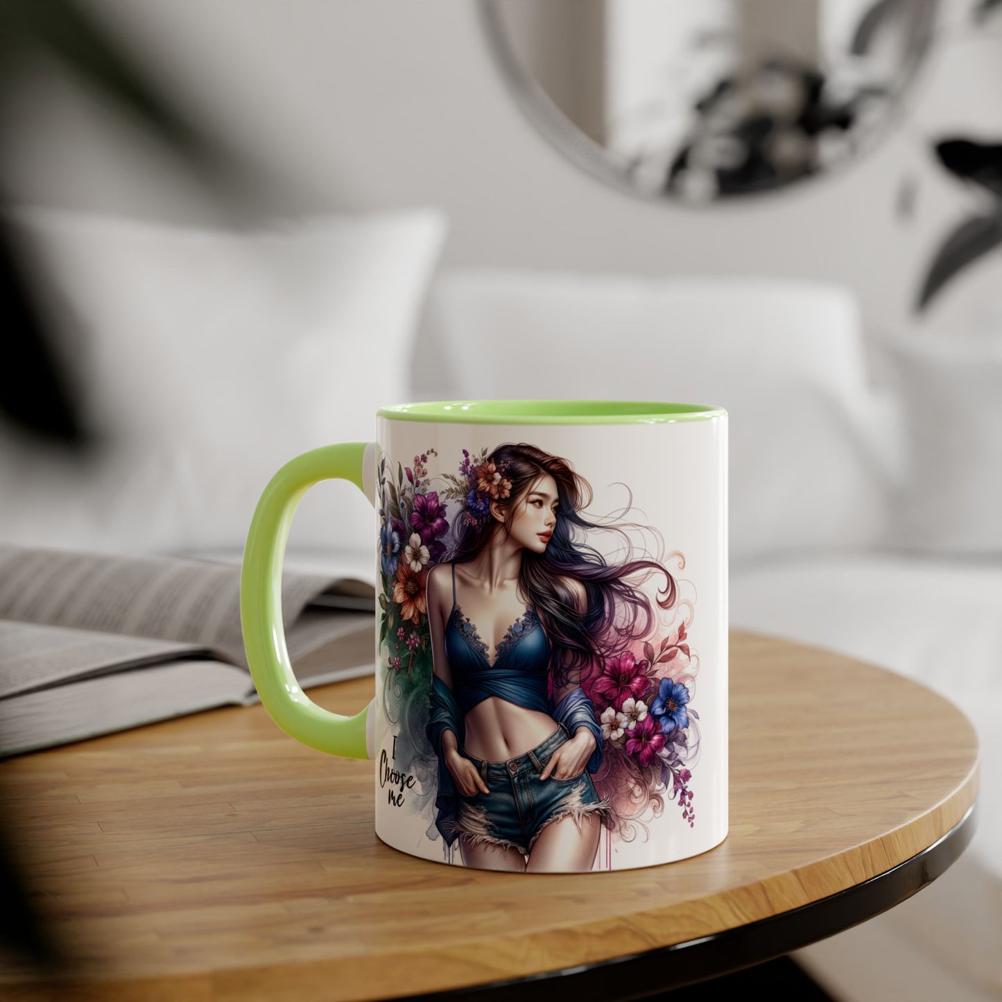 Floral Accent Mug, I Choose Me Design, Artistic Coffee Cup, Gift for Her, Home Décor, Tea Lover’s Essential