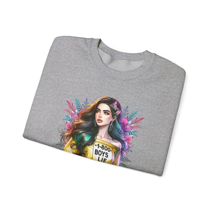 1-800-Boys-Lie Colorful Graphic Crewneck Sweatshirt - 'Boys Lie' Design, Unisex Sweatshirt, Trendy Gift, Casual Wear, Comfortable Outfit