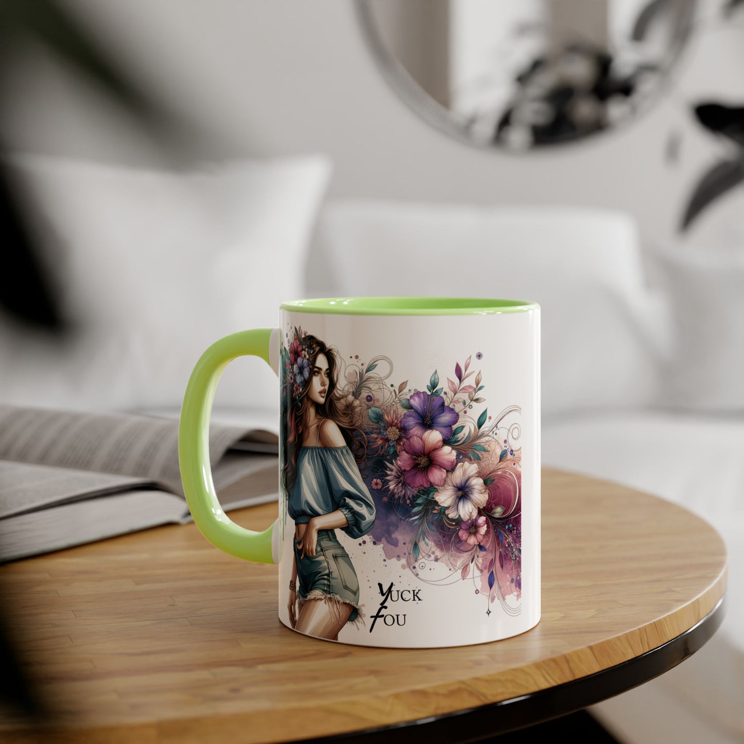 Yuck Fou Bohemian Floral Accent Mug, 11oz Coffee Cup for Art Lovers, Unique Gift for Birthdays, Mother's Day, Relaxation Tea, Decor