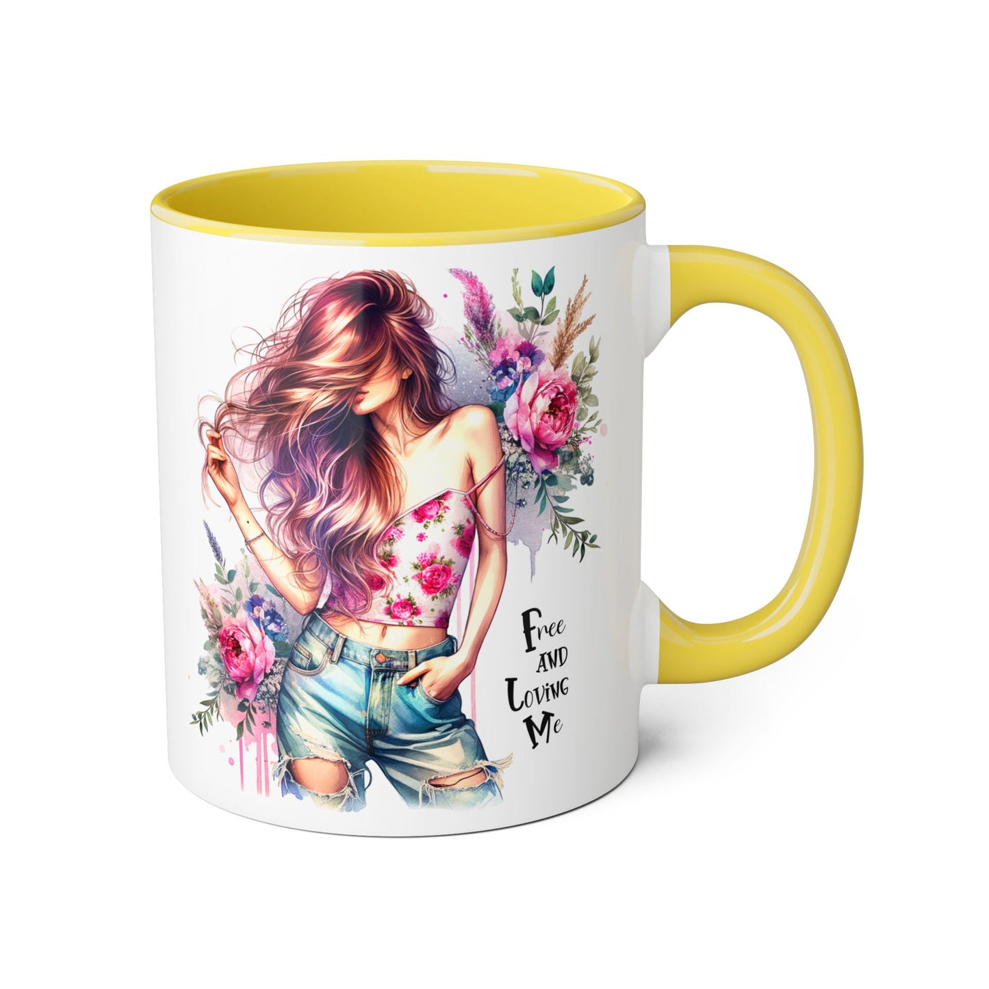 Bohemian Floral Accent Mug - Free and Loving Me, Gift for Her, Coffee Cup, Inspirational Drinkware, Tea Lover, Home Decor