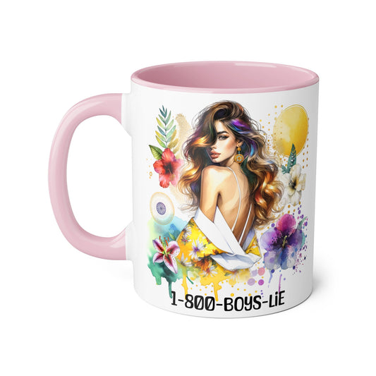 Colorful Floral Accent Mug with 1-800-BOYS-LIE Design, Coffee Cup for Cheerful Mornings, Artist Mug, Gift for Friends, Home Decor