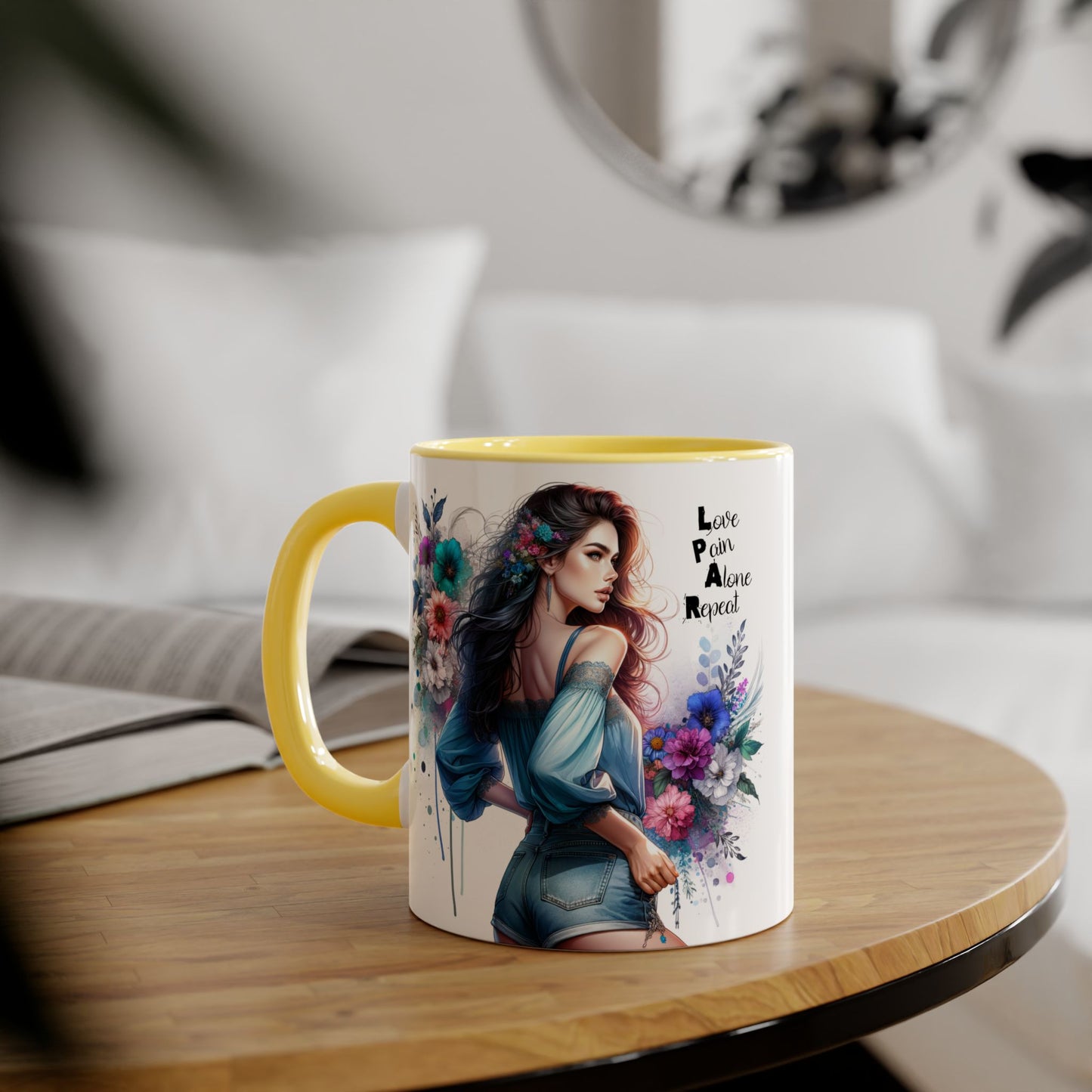 Floral Accent Mug, Inspirational Coffee Cup, Love Yourself Gift, Unique Drinkware, Artistic Ceramic Coffee Mug