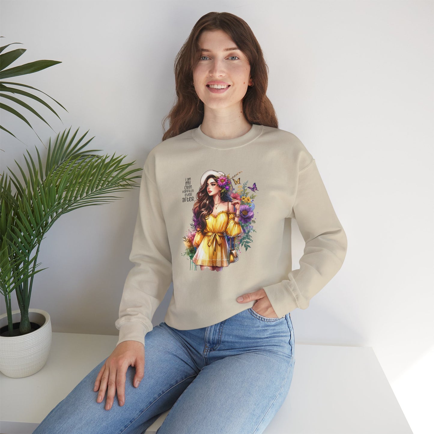 I Am My Own Happily Ever After  Floral Goddess Crewneck Sweatshirt - Boho Chic, Cozy Style, Perfect for Spring, Gift for Her, Casual Wear, Everyday Comfort