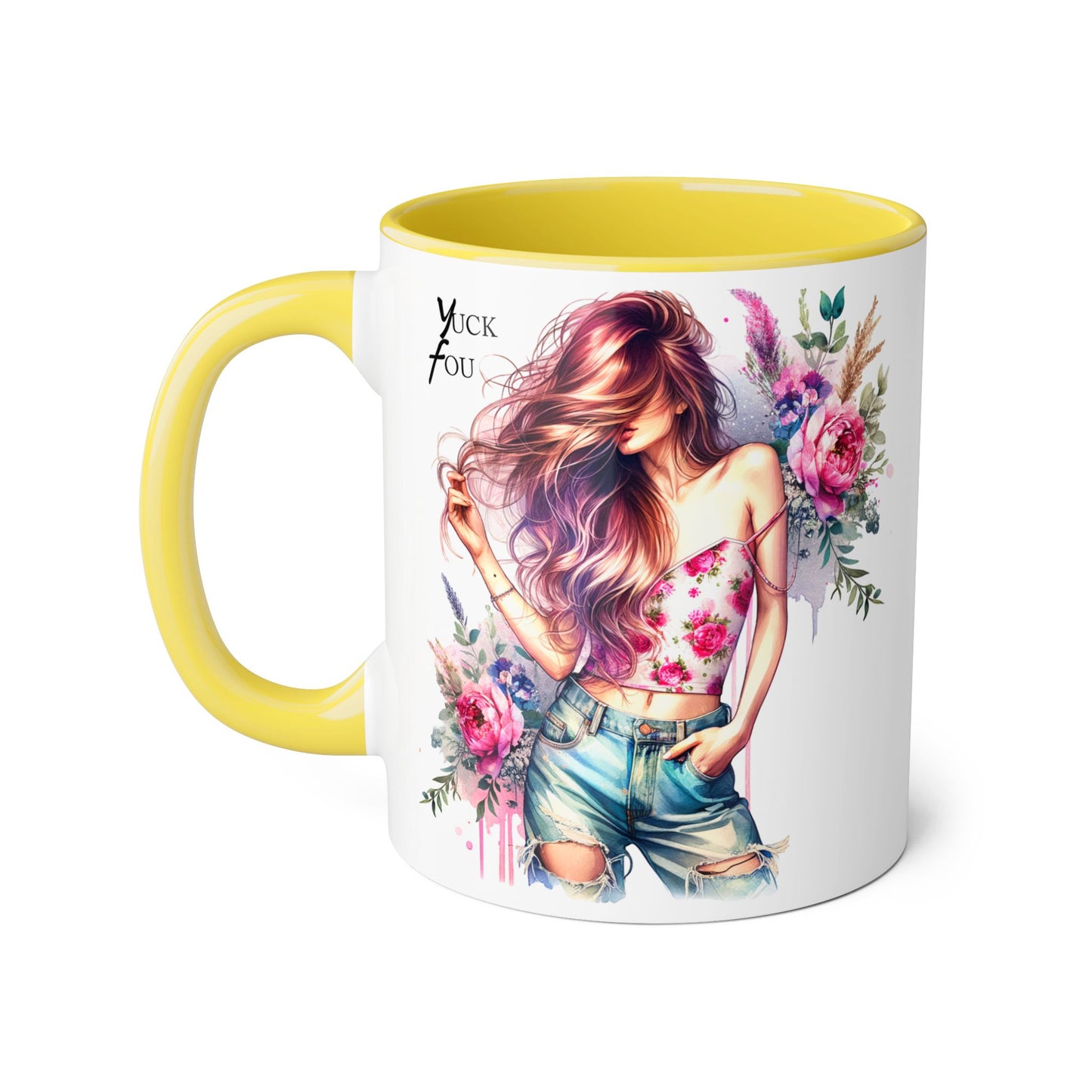 Yuck Fou Stylish Flower Girl Mug, Floral Coffee Cup, Boho Drinkware, Gift for Her, Artful Tea Mug