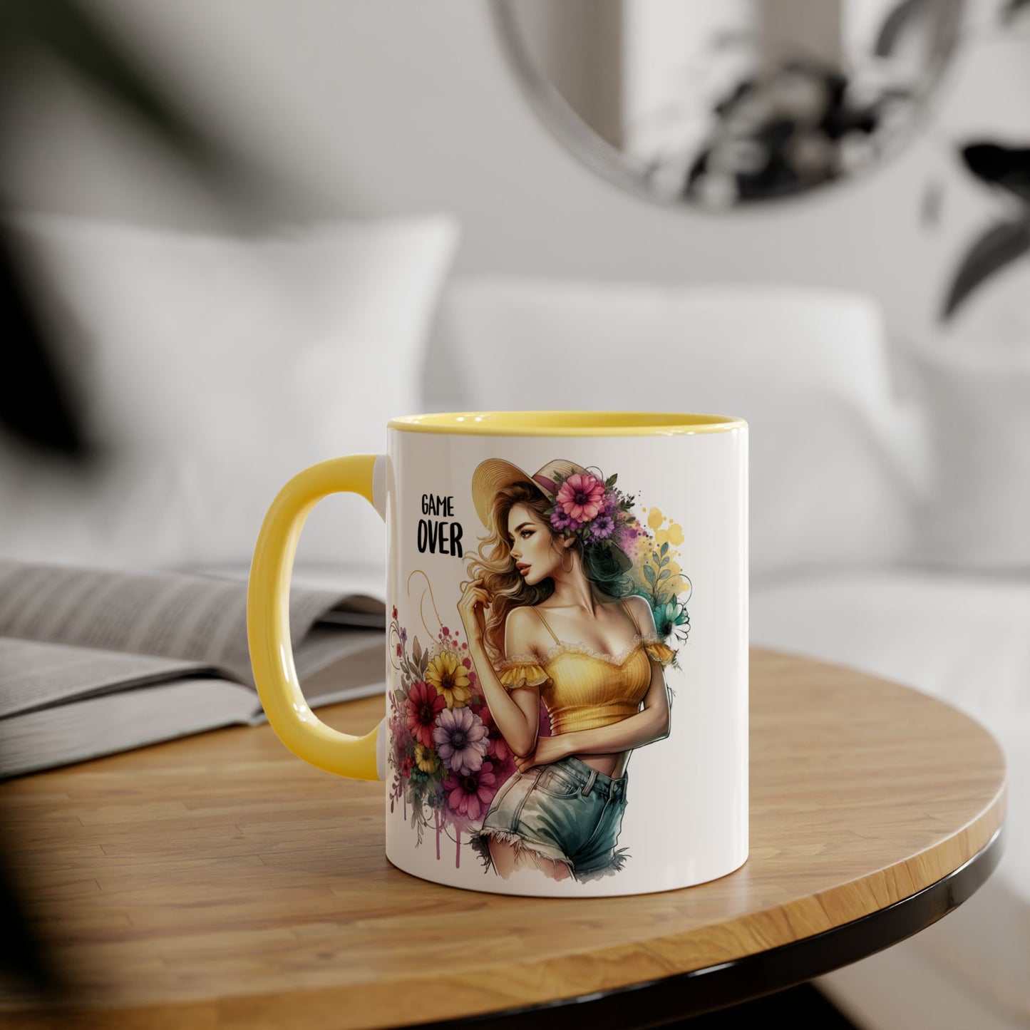 Game Over Floral Accent Mug, Gift for Gamers, Coffee Tea Cup, Home Decor, Birthday, Celebration, Unique Mug